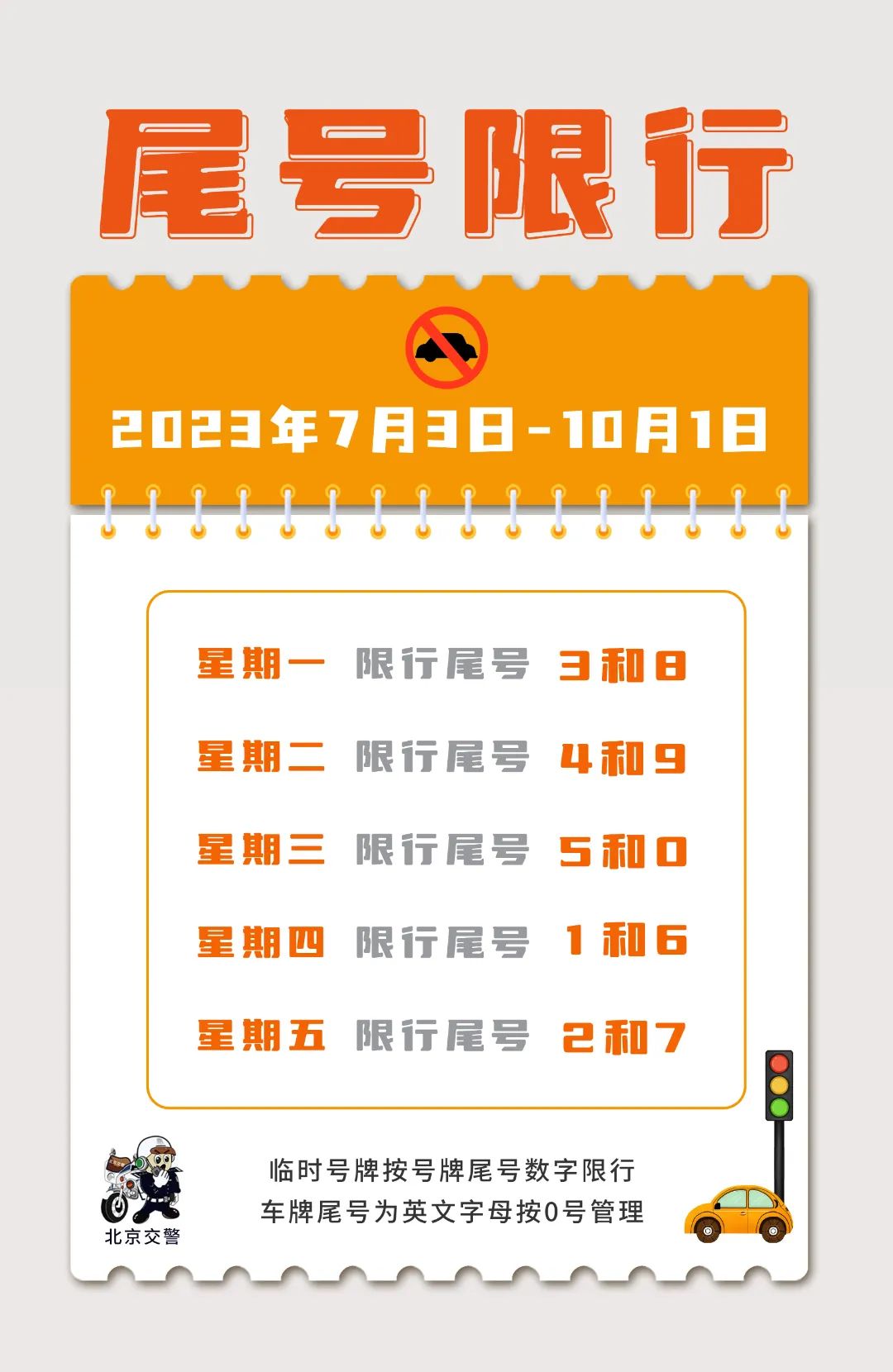2023年7月至10月北京尾号限行规定及不受限车辆说明