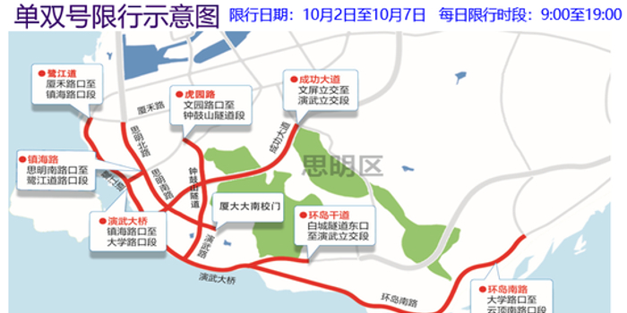 国庆中秋假期厦门11条路单双号限行措施及时间详情